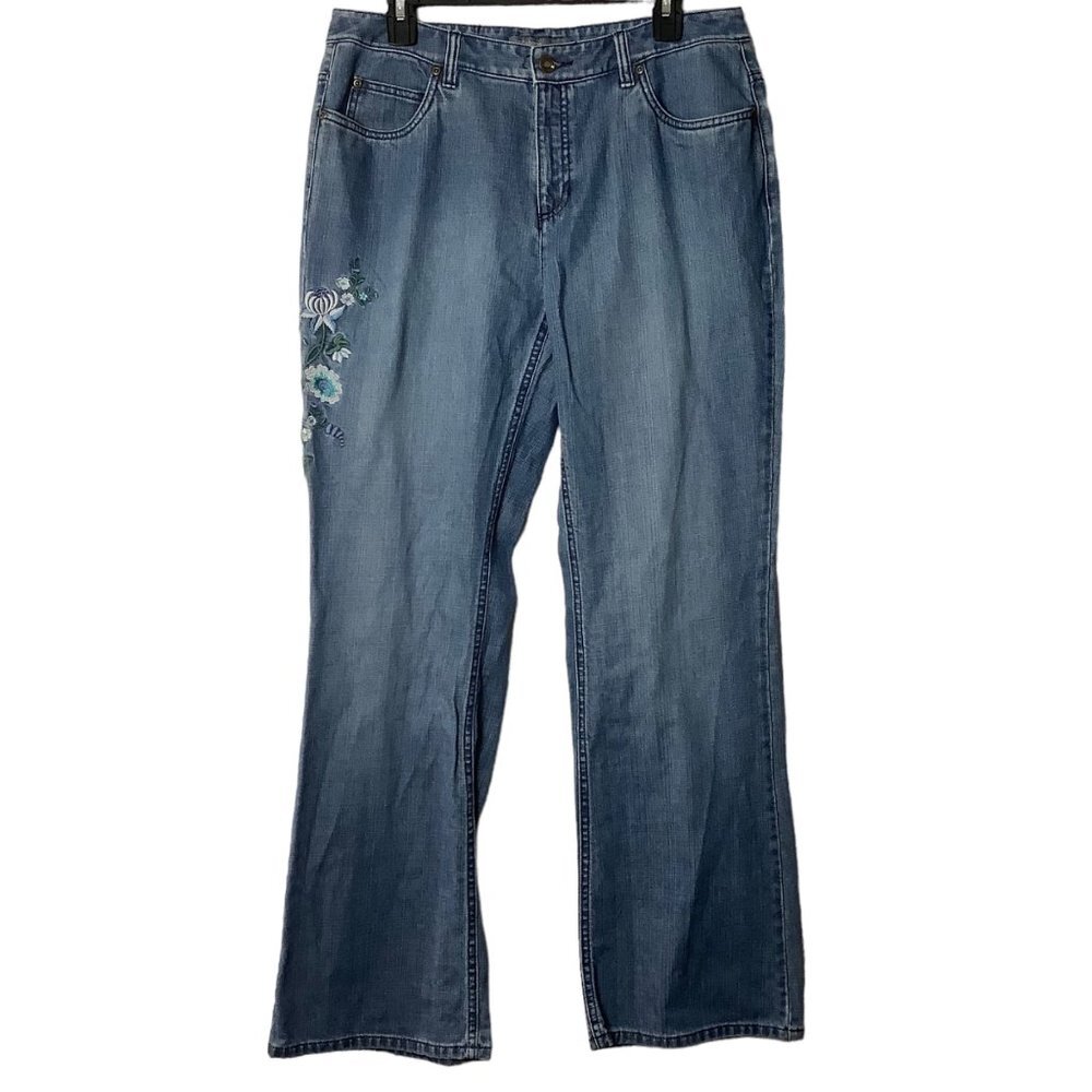 Liz Claiborne Embroidered Flower Floral Bootcut Denim Jeans Women 12 Blueโ Boho